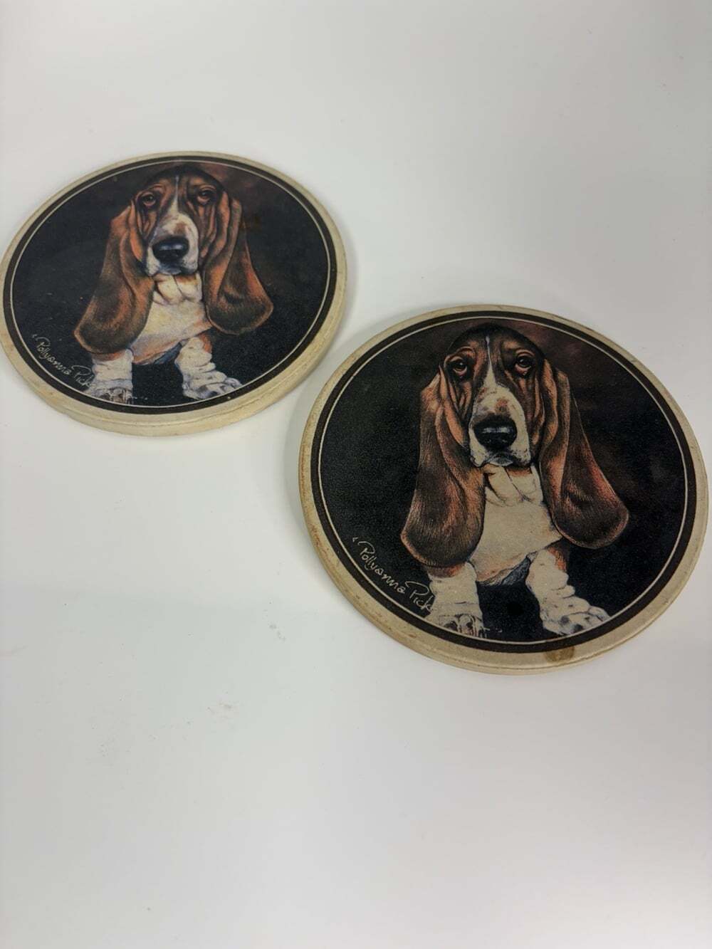 Set Of 2 Vintage Coaster Stone Ceramic Bassett Hound Coasters 4”